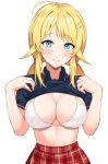 1girl ahoge asato_(fadeless) black_bra black_shirt blonde_hair blue_eyes blush bra breasts cleavage closed_mouth collared_shirt hachimiya_meguru hair_flaps hair_ornament hairclip highres idolmaster idolmaster_shiny_colors large_breasts lifted_by_self long_hair looking_at_viewer low_twintails plaid plaid_skirt polo_shirt red_skirt shirt short_sleeves simple_background skirt smile solo standing twintails underwear upper_body white_background 