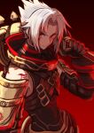  .hack// .hack//g.u. 1boy albino black_gloves buckle closed_mouth cowboy_shot elbow_gloves gloves gradient_background haseo_(.hack//) holding holding_weapon looking_at_viewer male_focus parted_bangs red_background red_eyes rune_(ru-nn) solo spiked_hair standing tattoo weapon white_hair 