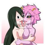  amphibian amphibian_humanoid animal_humanoid ashido_mina asui_tsuyu blush breasts breasts_press duo female female/female fire_breath01 french_kissing frog_humanoid hair horn horned_humanoid human humanoid kissing mammal my_hero_academia nude open_mouth pink_body pink_hair tongue tongue_out tongues_touching 