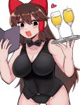  1girl :d alcohol alternate_costume black_bow black_bowtie black_eyes black_panties black_shirt blush book bow bowtie breasts brown_hair cleavage commentary_request cookie_(touhou) cowboy_shot cup drinking_glass empty_eyes hair_bow hair_tubes hakurei_reimu heart highres holding holding_book holding_tray inariga large_breasts long_hair looking_at_viewer no_pants noel_(cookie) open_mouth panties red_bow shirt simple_background sleeveless sleeveless_shirt smile solo touhou tray underwear white_background wine wine_glass 