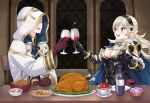  1boy 1girl apple black_hairband bottle breasts corrin_(female)_(fire_emblem) corrin_(fire_emblem) couple cup detached_collar dinner drinking_glass english_commentary faceless faceless_male fire_emblem fire_emblem_fates fire_emblem_heroes food fruit gelatin gold_trim grey_hair hairband hetero highres hood hood_up hooded_robe igni_tion indoors kiran_(fire_emblem) kiran_(male)_(fire_emblem) large_breasts looking_at_another mashed_potatoes open_mouth pointy_ears red_eyes robe teeth thanksgiving toasting_(gesture) turkey_(food) upper_body upper_teeth_only white_robe wine_bottle wine_glass 