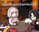  2girls 621_(armored_core_6) animal armored_core armored_core_6 artist_name ayre_(armored_core_6) beer_mug black_hair bowl braid commentary cup dog eating english_commentary english_text glasses green_eyes grey_hair hair_ornament hairclip kate_markson mug multiple_girls pet_bowl phsueh red_eyes short_hair teacup twin_braids 