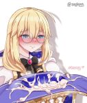  1girl black_ribbon blonde_hair blue_cape blue_eyes blush cape cum cum_on_headwear fate/grand_order fate_(series) hat highres long_hair looking_down multicolored_cape multicolored_clothes ribbon sugieri tonelico_(fate) white_background white_uniform witch_hat 