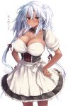  1girl absurdres alternate_costume black_bow black_bowtie black_corset bow bowtie breasts brown_eyes cleavage corset dark-skinned_female dark_skin dated detached_collar dirndl dress german_clothes grey_hair hair_between_eyes hands_on_own_hips highres kantai_collection large_breasts long_hair looking_at_viewer mashiro_yukiya musashi_(kancolle) puffy_short_sleeves puffy_sleeves short_sleeves signature solo twintails two_side_up underbust white_background white_dress 