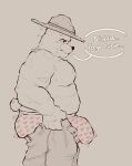  2023 anthro bear belly bottomwear bulge butt clothing dialogue genital_outline hat headgear headwear hi_res male mammal moobs overweight overweight_male pants penis_outline sargento_caricias simple_background solo spanish_text text unicorn_wars wgguus 