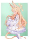  1girl animal_ear_fluff animal_ears bird bird_on_hand blonde_hair blue_archive blush closed_mouth detached_sleeves dress frilled_dress frills halo highres long_hair long_sleeves orange_eyes pantyhose reitoubeef seia_(blue_archive) sidelocks simple_background sleeves_past_fingers sleeves_past_wrists smile solo tail two-tone_background very_long_hair white_dress 