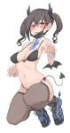  1girl absurdres bare_shoulders bikini black_bikini black_hair blue_footwear blush breasts brown_eyes claw_pose collarbone demon_girl demon_horns demon_tail demon_wings detached_collar detached_sleeves earrings front-tie_bikini_top front-tie_top hair_between_eyes heart heart-shaped_pupils highres horns idolmaster idolmaster_cinderella_girls jewelry looking_at_viewer mask medium_breasts midriff mole mole_under_eye mouth_mask navel open_mouth sharp_teeth side-tie_bikini_bottom simple_background solo sunazuka_akira swimsuit symbol-shaped_pupils tail teeth thighhighs thighs twintails wasabijoyu76 wings 