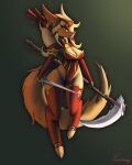  2023 4:5 anthro blonde_hair breasts canid canine clothing curvy_figure digital_media_(artwork) digital_painting_(artwork) female fur hair headgear hi_res holding_object holding_scythe holding_sword holding_weapon kemono mammal melee_weapon naoki_(kameloh) paradoxing polearm red_eyes scythe signature simple_background smile solo sword tail weapon yellow_body yellow_fur 
