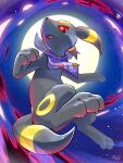  absurdres clothed_pokemon full_moon hakkentai_pokedan highres looking_at_viewer moon no_humans open_mouth outdoors pokemon pokemon_(creature) pokemon_(game) purple_bandana signature solo umbreon watermark 