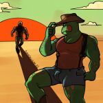  amphibian anthro bottomwear bulge clothed clothing cowboy_hat drawfee_(copyright) duo frog fully_clothed guavajagular hat headgear headwear hi_res hotpants human male mammal muscular muscular_anthro muscular_male ribbit_ranger shirt shorts spots spotted_body spotted_skin suspenders tank_top topwear 