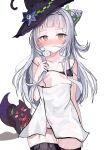  1girl @_@ black_thighhighs blush bra breasts hair_bun hat highres hololive izayoiyu long_hair looking_at_viewer murasaki_shion shiokko_(murasaki_shion) simple_background small_breasts thighhighs towel underwear virtual_youtuber wet white_background white_hair witch_hat yellow_eyes 