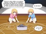  1boy 1girl absurdres alchemy blonde_hair blue_eyes blue_shirt brother_and_sister commentary english_commentary english_text fullmetal_alchemist highres hinghoi hoshino_aquamarine hoshino_ruby indoors looking_down on_floor one_side_up oshi_no_ko parody pink_shirt red_eyes shirt short_sleeves shorts siblings smile t-shirt transmutation twins white_shorts wooden_floor 