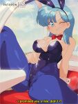  1980s_(style) 1girl animal_ears artist_name blue_leotard bluethebone breasts bulma detached_collar dragon_ball dragon_ball_z english_text fake_animal_ears highleg highleg_leotard highres leotard long_hair medium_breasts one_eye_closed pantyhose patreon_username playboy_bunny rabbit_ears retro_artstyle smile solo strapless strapless_leotard subtitled wrist_cuffs 