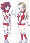  2girls ball blonde_hair blush brown_eyes brown_hair full_body girls_und_panzer hair_ribbon head_tilt highres holding holding_ball hone_(honehone083) kondou_taeko looking_at_viewer multiple_girls open_mouth polka_dot polka_dot_background red_ribbon red_shorts red_socks ribbon sasaki_akebi short_shorts shorts sleeveless smile socks sportswear volleyball volleyball_(object) volleyball_uniform white_background white_footwear yellow_eyes 