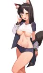  1girl absurdres animal_ear_fluff animal_ears bare_legs black_buruma black_hair black_jacket breasts buruma collarbone commission crop_top fox_ears fox_girl fox_tail gimseol gym_uniform hand_up highres jacket large_breasts long_hair long_sleeves looking_at_viewer midriff navel no_bra off_shoulder open_clothes open_jacket open_mouth original pinky_out raglan_sleeves shirt short_sleeves simple_background smile solo stomach tail thick_eyebrows thighs tongue tongue_out underboob white_background white_shirt yellow_eyes 