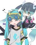  2girls arms_at_sides black_sleeves black_thighhighs blue-tinted_eyewear blue_hair blush closed_eyes detached_arm detached_sleeves earrings eyewear_on_head facing_viewer floating ghost_miku_(project_voltage) glitch gradient_hair green_eyes grey_shirt hair_between_eyes hatsune_miku highres hoop_earrings jewelry long_hair looking_at_another multicolored_hair multiple_girls musical_note normal_miku_(project_voltage) open_mouth pale_skin pokemon print_shirt print_sleeves project_voltage sameno_(dona2oisii) shirt simple_background sleeves_past_fingers sleeves_past_wrists smile sunglasses thighhighs tinted_eyewear twintails upper_body very_long_hair vocaloid white_background white_hair white_shirt will-o&#039;-the-wisp_(mythology) yellow-framed_eyewear 