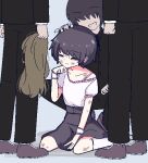  4boys bangs black_hair black_pants black_shirt black_skirt brown_hair bullying chibikki dirty dirty_face half-closed_eyes hand_on_another&#039;s_head head_tilt highres long_sleeves multiple_boys on_floor original otoko_no_ko pants school_uniform shirt short_sleeves skirt socks toupee white_shirt white_socks 