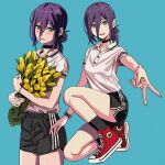  absurdres black_choker blue_background chainsaw_man choker closed_mouth collared_shirt dolphin_shorts english_commentary flower green_eyes hainsaw_man hair_between_eyes hair_bun highres open_mouth purple_hair reze_(chainsaw_man) shiren_(ourboy83) shirt shirt_tucked_in short_shorts shorts simple_background single_hair_bun 