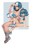  2girls absurdres age_difference arm_support bikini blue_eyes blue_hair breasts closed_mouth crossed_legs eyewear_on_head full_body highres lana&#039;s_mother_(pokemon) lana_(pokemon) large_breasts mother_and_daughter multiple_girls navel pokemon pokemon_(anime) pokemon_sm_(anime) shoes short_hair sitting slugbox small_breasts smile sneakers stomach sunglasses sweat swimsuit 