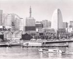  6+others building city ferris_wheel ferry_(ship) graphite_(medium) highres lake multiple_others original pier realistic ship toirom_pmxh traditional_media tree water watercraft yokohama 