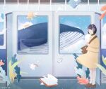  1girl absurdres black_hair blush book brown_bag closed_eyes closed_mouth coffee_mug cup extraordinary_attorney_woo fish gavel headphones highres kome_(micix) mug seaweed skirt smile solo train_interior whale woo_young-woo 