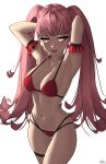  1girl absurdres alternate_costume armpits arms_behind_head artist_name bikini blush breasts cleavage commentary english_commentary fire_emblem fire_emblem:_three_houses highres hilda_valentine_goneril large_breasts lips long_hair looking_at_viewer navel pink_eyes pink_hair pink_lips red_bikini simple_background smile solo stomach swimsuit twintails very_long_hair white_background x_xith_x 