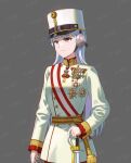  1girl absurdres austria austria-hungary belt breasts closed_mouth commentary commentary_request cowboy_shot english_commentary gold_ship_(umamusume) grey_background hat head_tilt highres holding holding_sword holding_weapon huihuang_rongyao large_breasts long_hair long_sleeves medal military military_uniform mixed-language_commentary purple_eyes saber_(weapon) shako_cap simple_background solo sword text_background umamusume uniform very_long_hair weapon wide_sleeves world_war_i 
