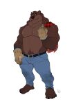  anthro bear bobby_arts bodily_fluids brown_bear clothing flannel_shirt gloves grizzlygus handwear hi_res male mammal muscular norwegian oslo_strongpaw shirtless_male solo sweat ursine 