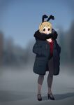  1girl absurdres animal_ears black_coat black_footwear black_pantyhose blonde_hair blue_eyes blurry blurry_background breasts cleavage coat commentary_request fake_animal_ears fur-trimmed_coat fur_trim high_heels highres k-on! kicchi_(tmgk) kotobuki_tsumugi large_breasts light_blush long_hair looking_at_viewer outdoors pantyhose parted_lips rabbit_ears red_vest solo thick_eyebrows vest winter_clothes winter_coat 