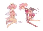  2girls amulet_angel amulet_devil angel angel_wings cross cross_necklace demon_girl demon_horns demon_tail demon_wings dual_persona feathered_wings full_body halo highres hinamori_amu horns humpty_lock_(shugo_chara!) jewelry looking_at_viewer multiple_girls necklace pink_hair shugo_chara! signature tail twintails waka_ryou wavy_hair white_background wings 