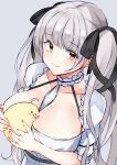  1girl animal azur_lane bird black_ribbon breasts commentary_request dress formidable_(azur_lane) grey_background grey_hair hair_ribbon highres holding holding_animal irohara large_breasts long_hair looking_at_viewer manjuu_(azur_lane) orange_eyes ribbon short_sleeves simple_background smile solo twintails upper_body very_long_hair white_dress 