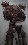  1boy 1girl alex_cristi angron armor bare_shoulders blood breastplate chaos_(warhammer) chaos_space_marine clenched_teeth gauntlets gold_trim grabbing greaves hair_tubes highres holding khorne_berserker lifted_by_another looking_down looking_up pauldrons power_armor red_armor shoulder_armor sister_repentia space_marine spiked_armor spiked_pauldrons teeth tube vambraces warhammer_40k wide-eyed world_eaters 