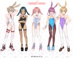 5boys :d absurdres animal_ears armpit_crease armpits arms_behind_back artist_name bare_shoulders black_footwear black_hair black_leotard black_ribbon blonde_hair blue_leotard blush bow bowtie brown_footwear brown_hair brown_pantyhose bulge choker closed_mouth collarbone covered_navel crossdressing crossed_arms cutiendirty dark-skinned_male dark_skin detached_collar english_text eyelashes fishnet_thighhighs fishnets floppy_ears fur_choker hair_between_eyes hand_on_own_hip hand_up highres legs leotard loafers long_hair male_focus male_playboy_bunny multiple_boys neck_ribbon necktie o-ring o-ring_choker open_mouth original otoko_no_ko over-kneehighs oversized_breast_cup pantyhose parted_bangs patterned_background pink_choker pink_hair purple_hair purple_leotard rabbit_ears red_necktie ribbon shoes short_hair side-tie_leotard smile sneakers standing strapless strapless_leotard striped striped_leotard thigh_strap thighhighs thighs twitter_username two-tone_leotard w white_leotard white_pantyhose white_thighhighs 