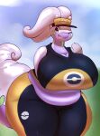  anthro belly big_breasts breasts chubby_anthro chubby_female cleavage clothed clothing curvy_figure female generation_6_pokemon goodra green_eyes hi_res inazuma_kat navel nintendo one_eye_closed open_mouth outside pokemon pokemon_(species) solo tail thick_tail thick_thighs voluptuous 