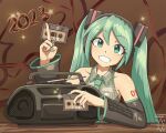  1girl 2022 2023 bangs blue_eyes blue_hair cassette_tape collared_shirt commentary detached_sleeves digiral english_commentary grin hair_ornament hand_up hatsune_miku highres holding long_hair long_sleeves looking_at_viewer necktie new_year radio shirt sleeveless sleeveless_shirt smile solo twintails vocaloid 