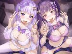  2boys 2girls bare_shoulders blush bra bracelet breasts cleavage clothes_lift collarbone double_v ear_piercing fang fingernails garter_straps girl_on_top hair_ornament hairclip hetero highres jewelry large_breasts light_purple_hair long_hair looking_at_viewer multiple_boys multiple_girls nail_polish navel original piercing purple_hair purple_nails ring sage_joh shirt_lift skin_fang smile straddling tongue tongue_out underwear v 