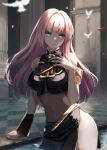  1girl absurdres bangs bird blue_eyes blush breasts crop_top expressionless hair_between_eyes hand_on_own_chest highres long_hair looking_at_viewer medium_breasts megurine_luka navel partially_submerged pink_hair project_sekai skirt thighhighs thighs vocaloid yen-mi 