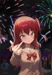  1girl aerial_fireworks blurry blurry_background blush bocchi_the_rock! breasts doyagao fireworks highres kita_ikuyo looking_at_viewer m.q_(mqkyrie) middle_finger one_side_up red_eyes school_uniform signature small_breasts smug solo_focus the_great_gatsby upper_body 