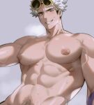  1boy abs bara chariko eyewear_on_head grey_background guzma_(pokemon) large_pectorals looking_at_viewer male_focus muscular muscular_male navel navel_hair nipple_piercing nipples pectorals piercing pokemon pokemon_(game) pokemon_sm short_hair simple_background smile solo sunglasses teeth upper_body white_hair 