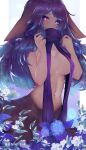  1girl animal_ears blue_hair blush breasts cleavage deer_ears deer_girl embarrassed flower highres league_of_legends lillia_(league_of_legends) linea_alba long_hair looking_at_viewer medium_breasts multicolored_hair nail_polish navel purple_eyes purple_hair ririsaurus shiny_skin solo tagme taur two-tone_hair wet 