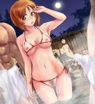  1girl bikini blush breasts brown_eyes brown_hair commentary embarrassed fence full_moon girls_und_panzer groin halterneck highres kabutowari light_frown looking_at_viewer medium_breasts mixed_bathing moon multiple_boys muscular muscular_male navel night night_sky nipples nishizumi_miho onsen open_mouth pubic_hair rock see-through_bikini short_hair side-tie_bikini_bottom sky solo standing star_(sky) starry_sky steam string_bikini swimsuit wading water wet white_bikini 