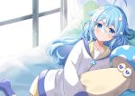  1girl absurdres ahoge bed blue_eyes blue_hair blue_socks character_request closed_mouth collarbone expressionless highres indie_virtual_youtuber indoors long_hair long_sleeves manimarough pillow socks solo virtual_youtuber window zipper zipper_pull_tab 