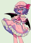 1girl arm_at_side ascot bat_wings black_wings blue_hair blush_stickers bow dot_nose embodiment_of_scarlet_devil fang feet_out_of_frame flat_chest frilled_shirt frilled_skirt frills green_background hair_between_eyes halftone hand_on_own_chest hand_up hat hat_bow hat_ribbon highres looking_at_viewer medium_hair menma_(enaic31) mob_cap multicolored_clothes multicolored_shirt multicolored_skirt nail_polish open_mouth pink_shirt pink_skirt red_ascot red_bow red_eyes red_nails red_ribbon remilia_scarlet ribbon ribbon-trimmed_shirt shirt short_sleeves simple_background skirt skirt_set smile solo standing straight_hair teeth touhou tsurime twitter_username upper_teeth_only white_headwear white_shirt white_skirt white_wrist_cuffs wings 