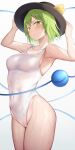  1girl absurdres alternate_costume black_headwear breasts commentary_request eyeball green_eyes green_hair hat highres komeiji_koishi looking_at_viewer medium_breasts nagomian one-piece_swimsuit short_hair solo swimsuit thighs third_eye touhou wet 