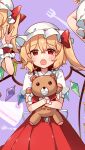  3girls blonde_hair flandre_scarlet hat highres hugging_object kirero mob_cap multicolored_wings multiple_girls one_side_up red_eyes red_skirt skirt solo_focus stuffed_animal stuffed_toy tearing_up teddy_bear touhou white_headwear wings 