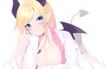  1girl black_horns blonde_hair blue_eyes blush breast_tattoo breasts cleavage closed_mouth coat collared_shirt commentary demon_girl demon_horns demon_tail demon_wings frilled_shirt frills hand_on_own_chin head_rest hololive horns koori lab_coat large_breasts long_hair looking_at_viewer low_neckline lying on_stomach pink_shirt pointy_ears shirt simple_background smile solo swept_bangs tail tattoo virtual_youtuber white_background white_coat winged_heart winged_heart_tattoo wings yuzuki_choco yuzuki_choco_(1st_costume) 