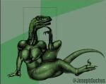  3_fingers anthro breasts butt claws dinosaur dromaeosaurid female fingers hi_res humanoid josephsuchus jurassic_park jurassic_world looking_away nipples nude paws raised_tail reptile scalie simple_background solo tail theropod universal_studios 