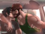  2boys arm_around_shoulder bara beard blush brown_hair car_interior closed_eyes clothes_writing couple covered_nipples english_text facial_hair french_kiss from_side goatee_stubble green_tank_top grey_shirt hand_on_another&#039;s_arm kiss large_pectorals luke_(mewniverse) magnum_opus_(mewniverse) male_focus mature_male mewniverse multiple_boys muscular muscular_male mustache pectoral_cleavage pectorals sam_(mewniverse) shirt short_hair sideburns sidepec steering_wheel stomach tank_top thick_eyebrows undercut upper_body yaoi 