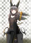  1girl black_dress black_pantyhose detached_collar dress flat_chest floating floating_object floating_weapon grey_background grey_hair headgear highres long_hair mechanical_arms nanami:_storm_(punishing:_gray_raven) nanami_(punishing:_gray_raven) open_mouth pantyhose punishing:_gray_raven short_sleeves sitting 