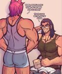  2boys abs animal_ears ass bara beard black_hair book chest_hair cup english_text facial_hair feet_out_of_frame glasses hairy highres large_pectorals league_of_legends long_hair male_focus manly mature_male multiple_boys muscular muscular_male pectorals red_hair see-through sett_(league_of_legends) shorts simple_background sitting smirk sylas_(league_of_legends) talking tank_top thick_arms thick_eyebrows thick_thighs thighs tight_clothes vylnora 